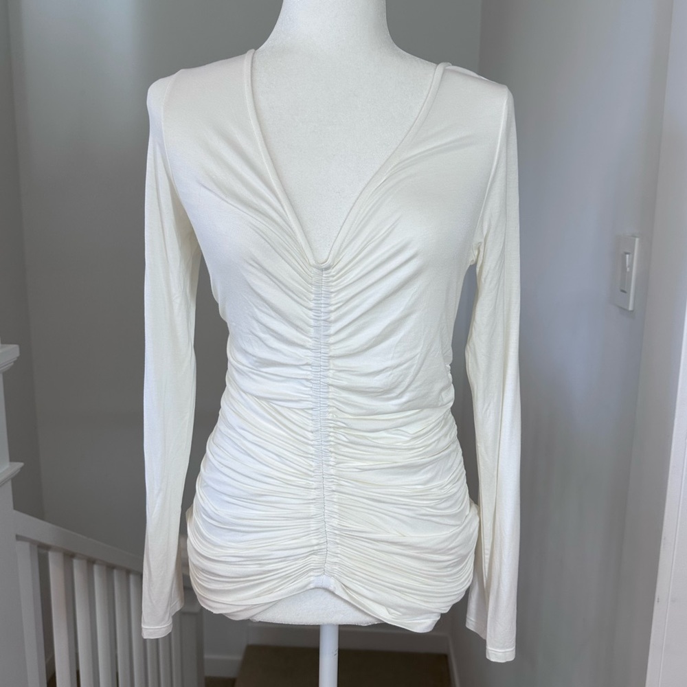 Modern Citizen Ivory Ruched Drape Long Sleeve V Neck Top Medium NWOT